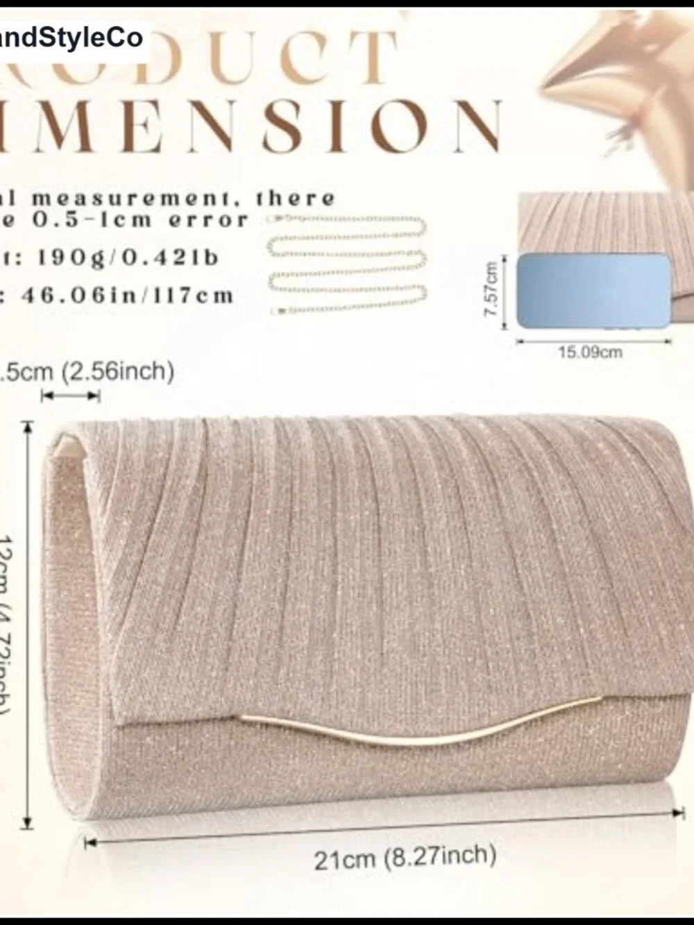Champagne Sequin Evening Clutch Pleated Wristlet with Gold Chain - Formal